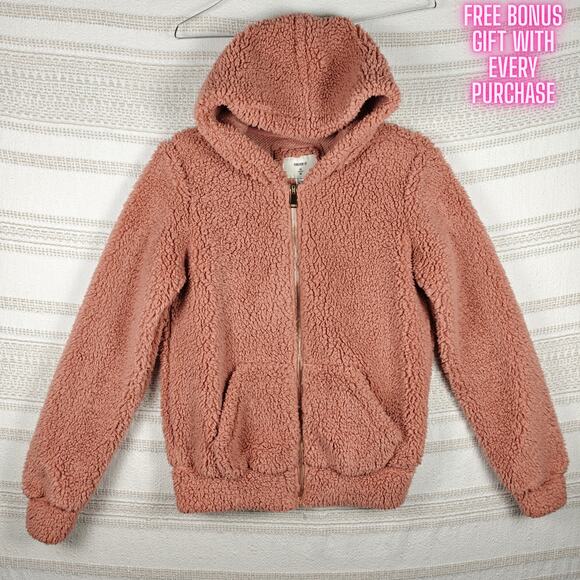 Forever 21 Pink Sherpa Zip Hoodie Jacket Gold Zipper Size S - Picture 1 of 9